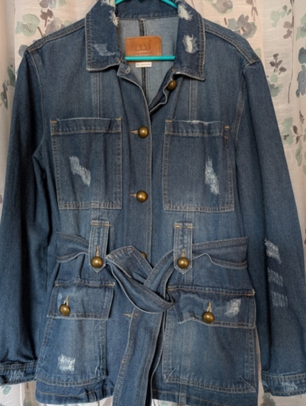 Washed Blue Distressed Denim Jacket with Self-Tie Belt